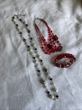 2 Necklaces and 1 Bracelet: Red Glass Bead Multi-Strand Necklace
